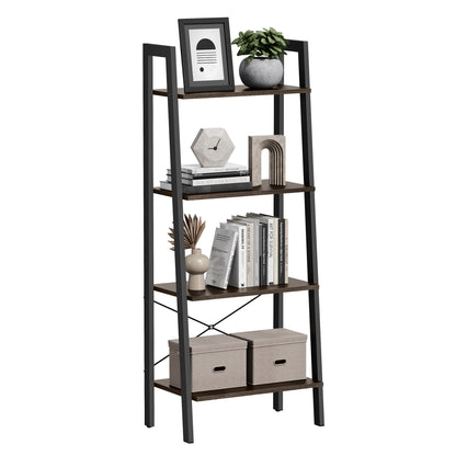 VASAGLE 4-Tier Ladder Shelf Wall Ladder Bookshelf Bookcase Furniture Storage Rack Shelves, Dark Brown and Black