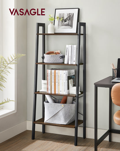 VASAGLE 4-Tier Ladder Shelf Wall Ladder Bookshelf Bookcase Furniture Storage Rack Shelves, Dark Brown and Black
