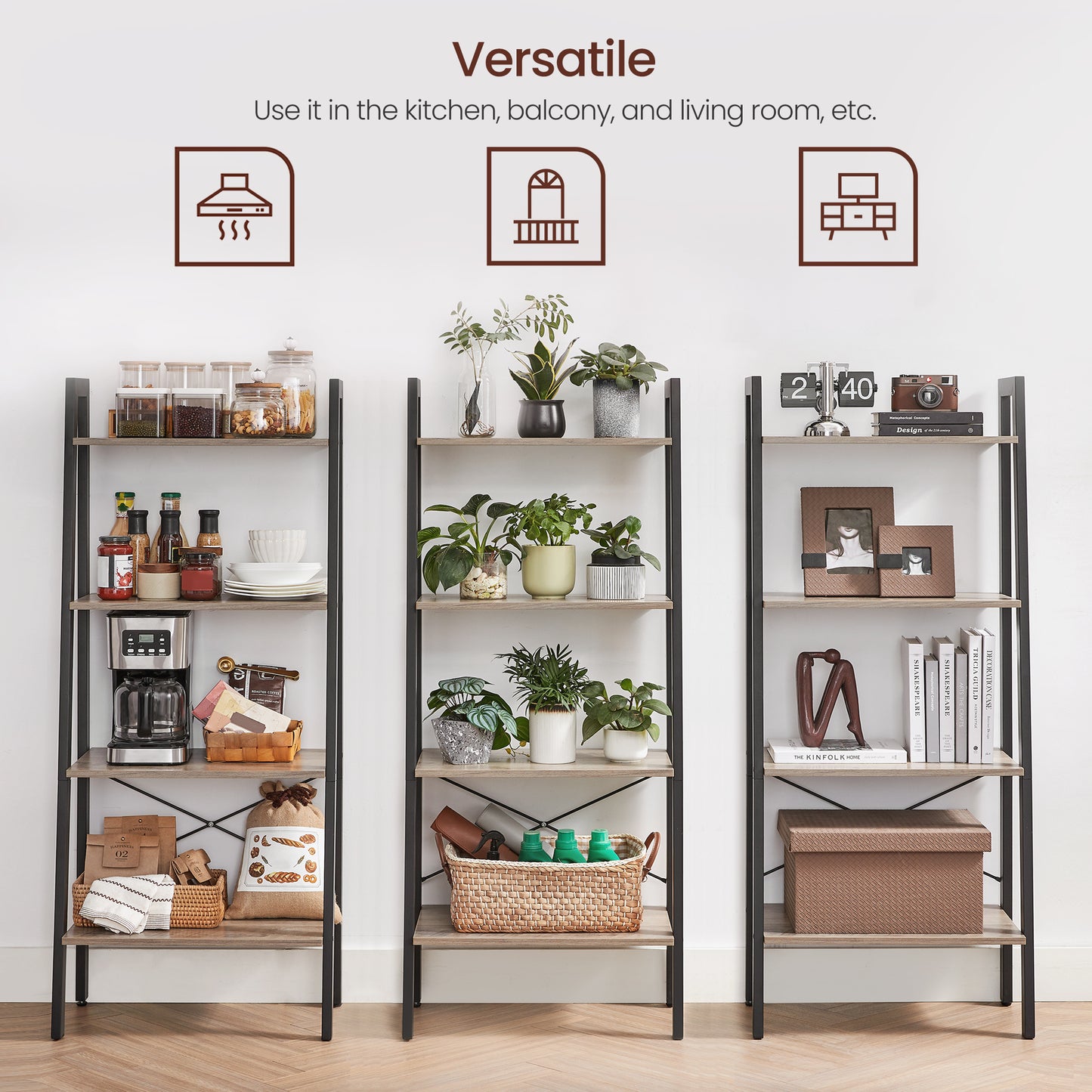 VASAGLE Ladder Shelf 4-Tier Bookshelf Storage Rack, Bookcase with Steel Frame for Living Room Home Office Kitchen Greige and Black
