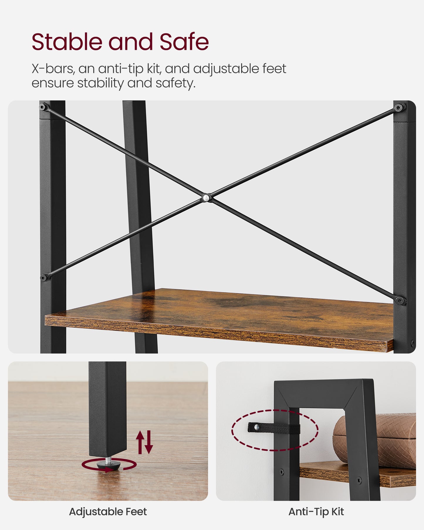 VASAGLE 4-Tier Bookshelf Bookcase Ladder Shelf Storage Rack Rustic Brown and Black