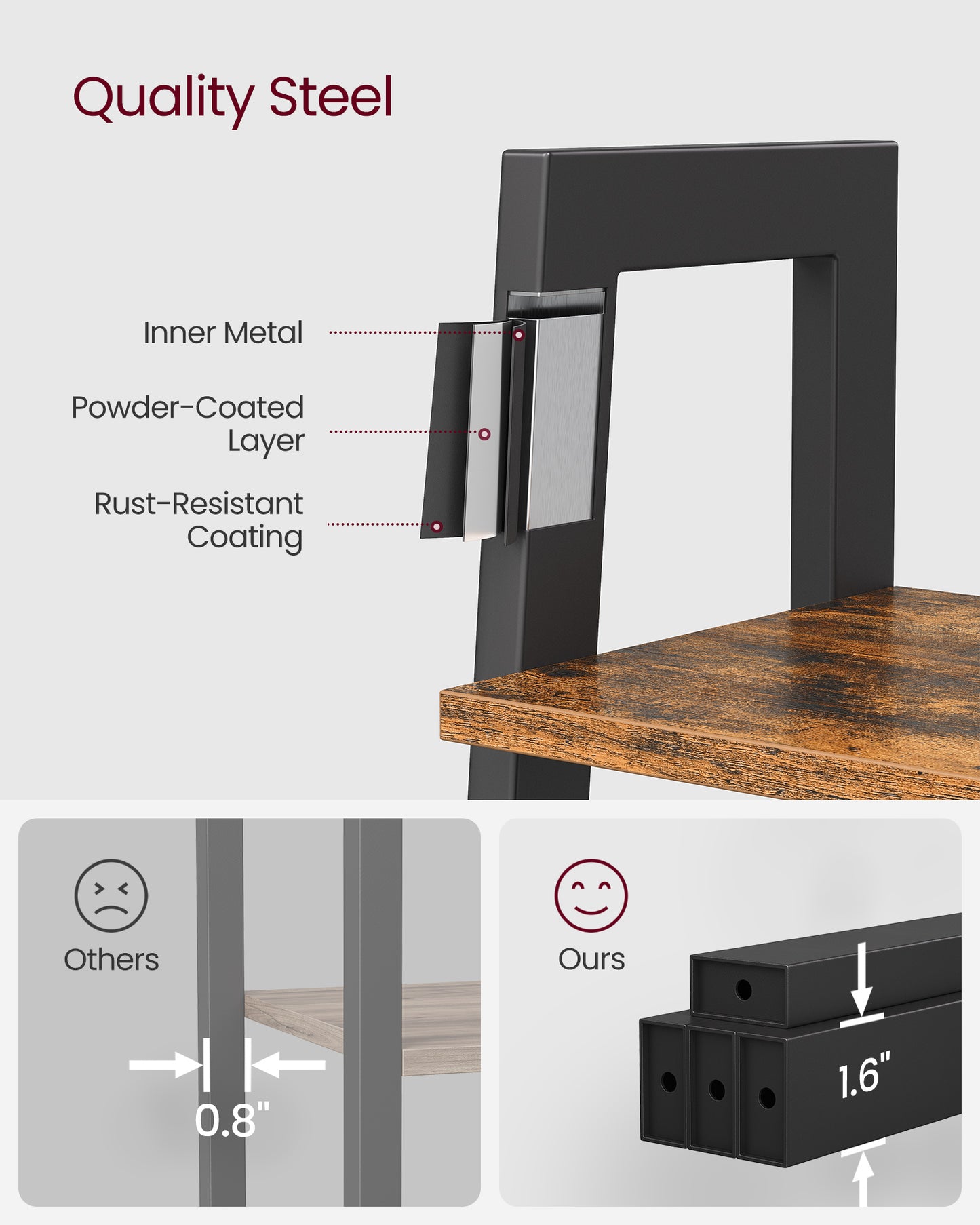 VASAGLE 4-Tier Bookshelf Bookcase Ladder Shelf Storage Rack Rustic Brown and Black