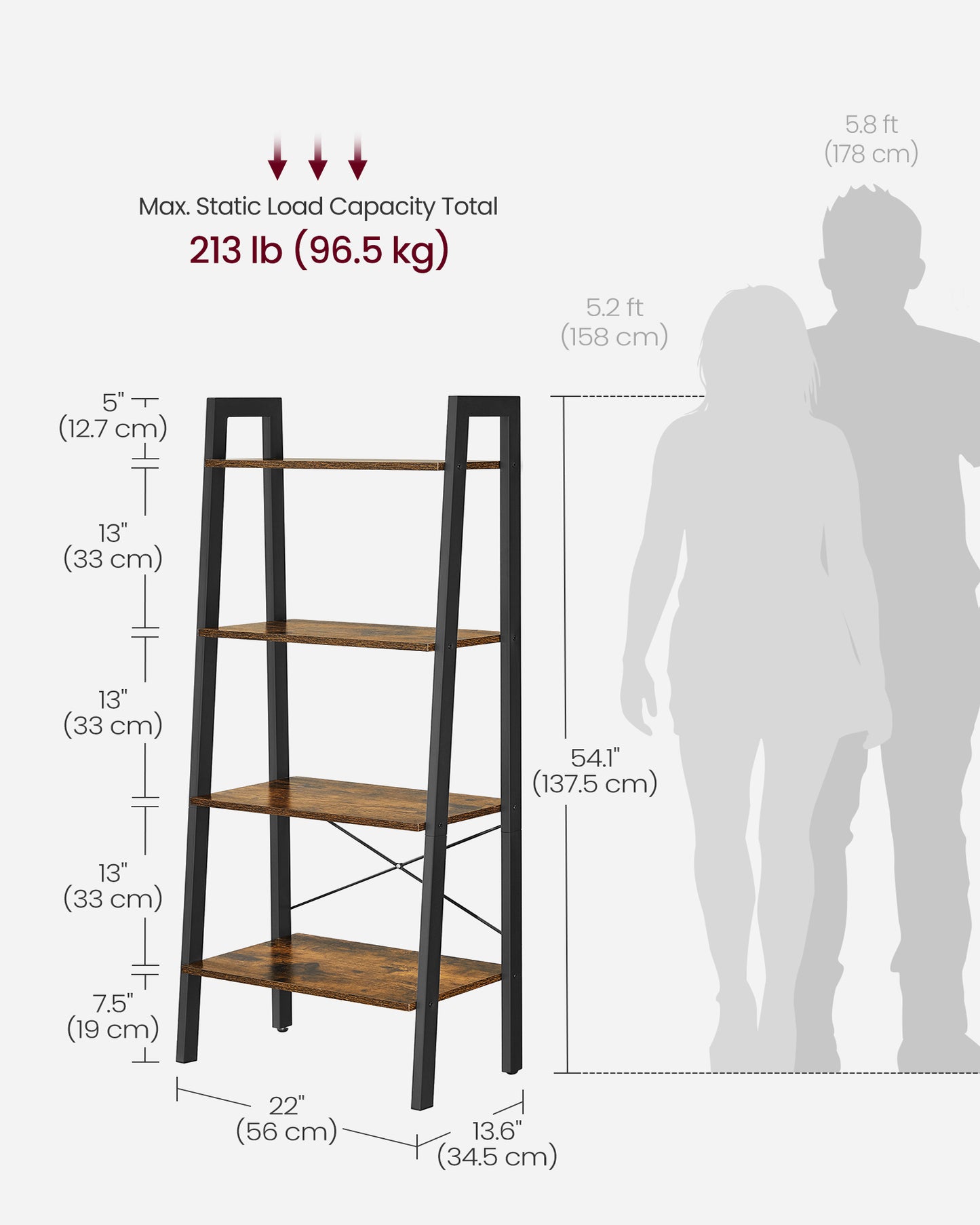 VASAGLE 4-Tier Bookshelf Bookcase Ladder Shelf Storage Rack Rustic Brown and Black