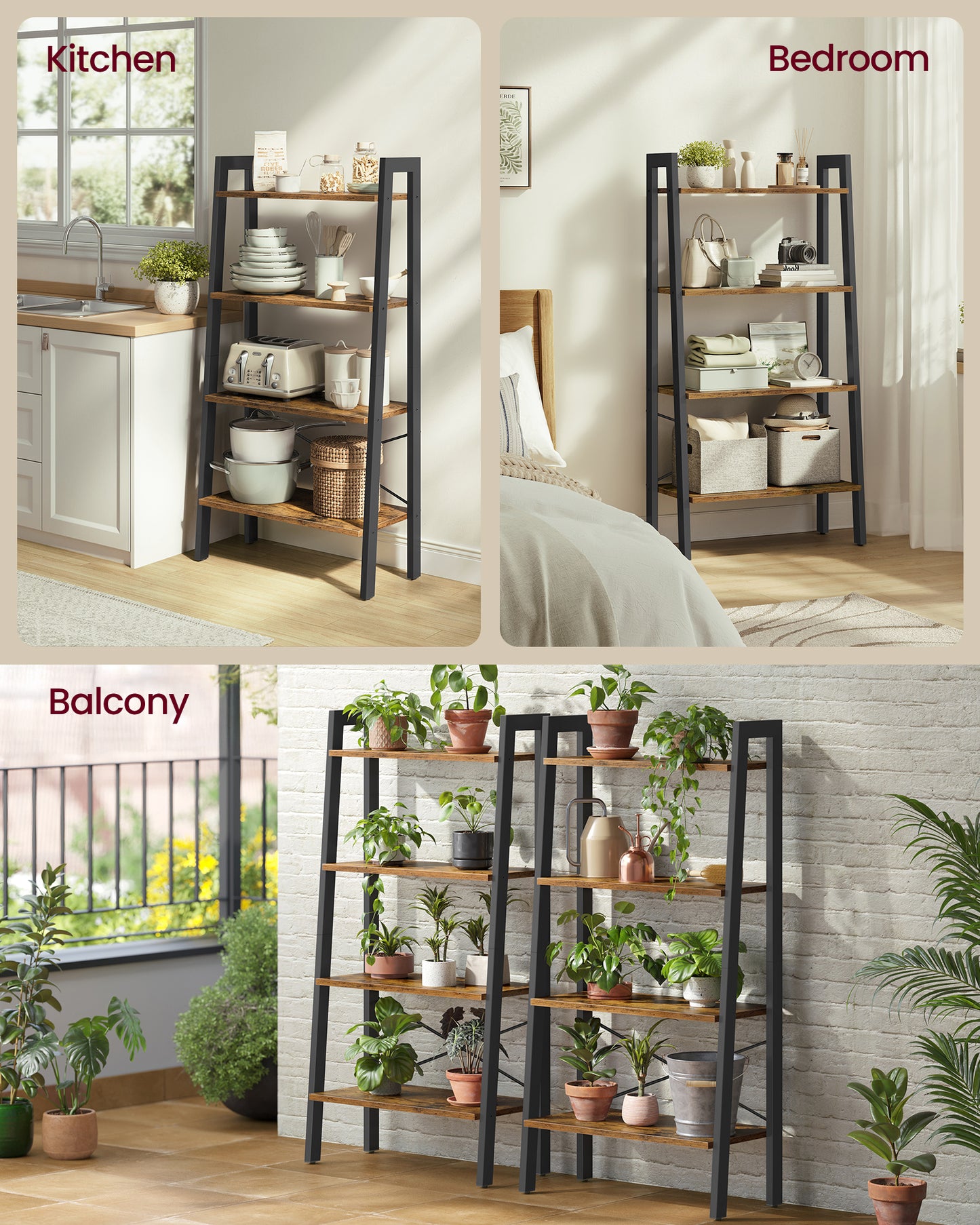VASAGLE 4-Tier Bookshelf Bookcase Ladder Shelf Storage Rack Rustic Brown and Black