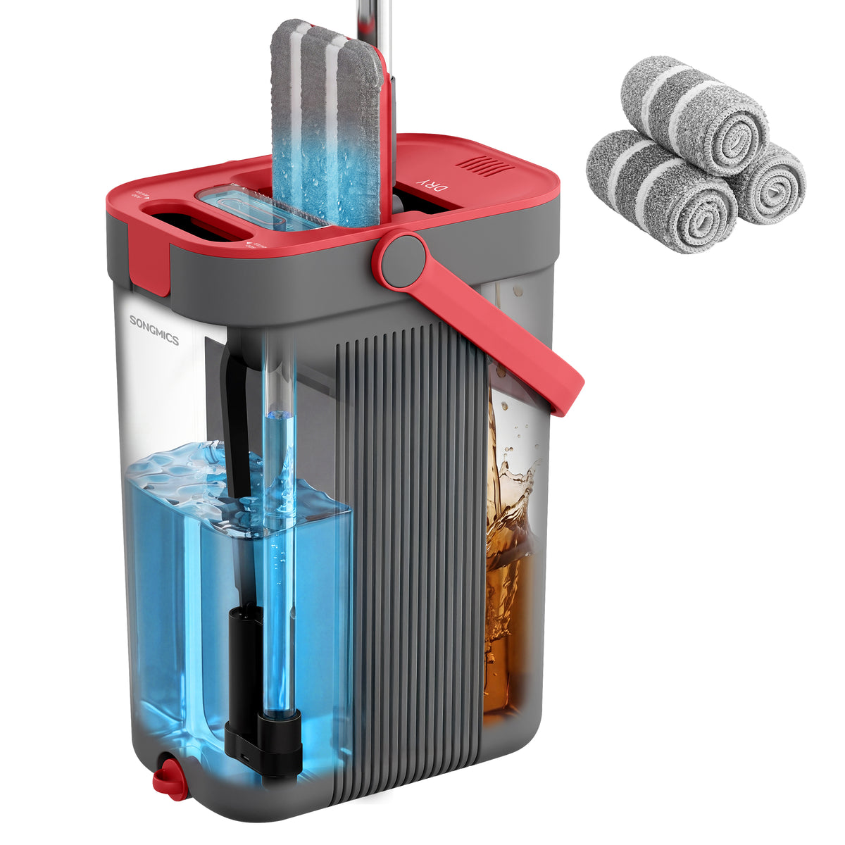 SONGMICS Mop and Bucket Set, Flat Mop with 3-Chamber Clean & Dirty Water Separation System, Wringer Bucket, 360° Rotating Head, 3 Microfiber Pads, Gray and Red