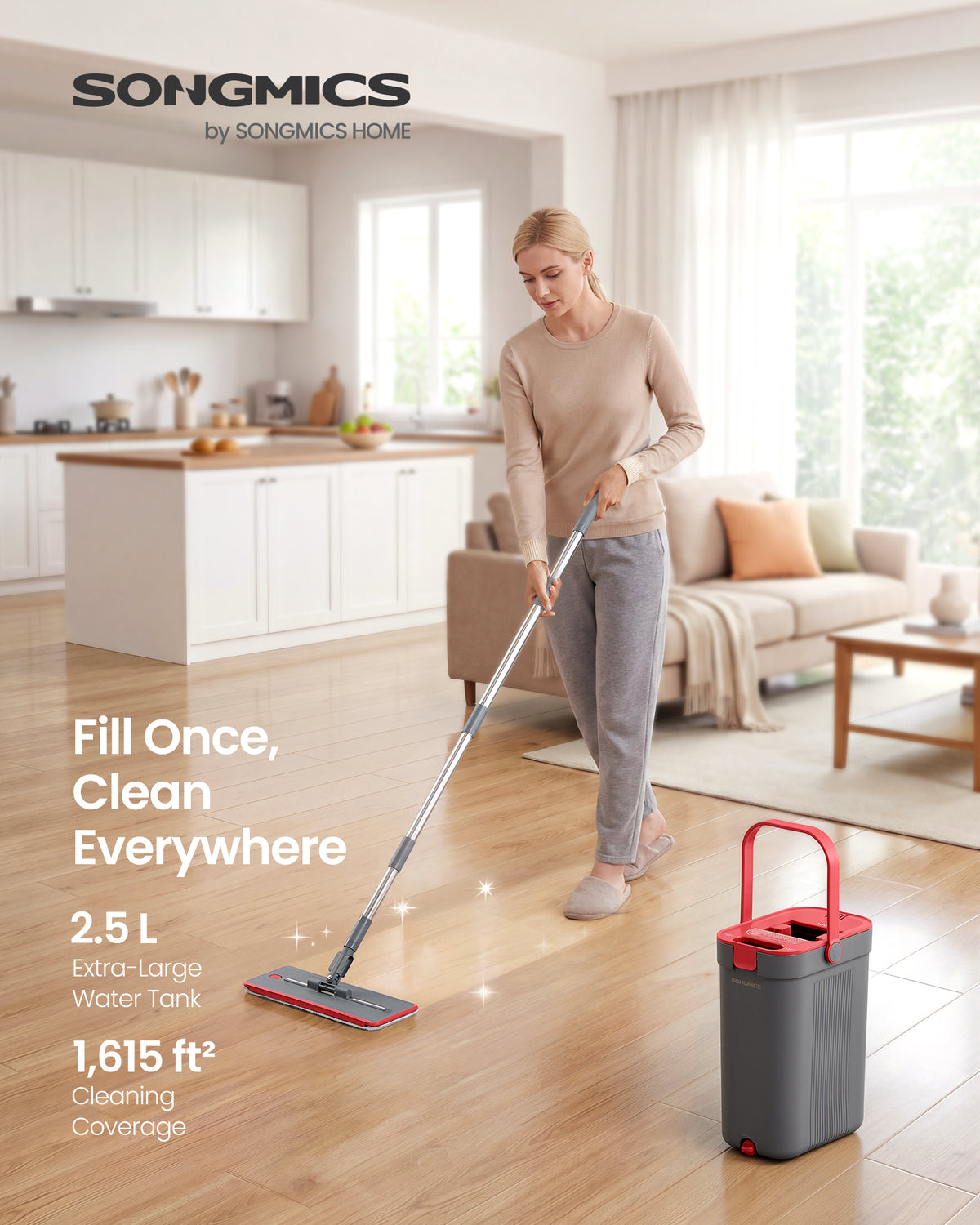 SONGMICS Mop and Bucket Set, Flat Mop with 3-Chamber Clean & Dirty Water Separation System, Wringer Bucket, 360° Rotating Head, 3 Microfiber Pads, Gray and Red