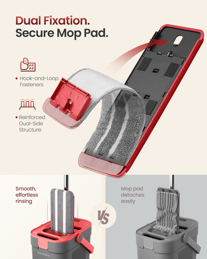 SONGMICS Mop and Bucket Set, Flat Mop with 3-Chamber Clean & Dirty Water Separation System, Wringer Bucket, 360° Rotating Head, 3 Microfiber Pads, Gray and Red