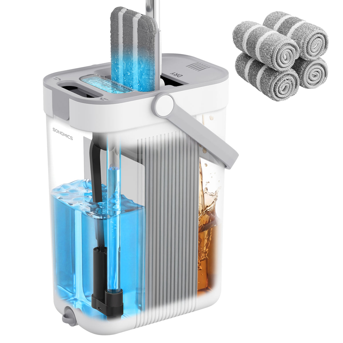 SONGMICS Mop and Bucket Set, Flat Mop with 3-Chamber Clean & Dirty Water Separation System, Wringer Bucket, 360° Rotating Head, 4 Microfiber Pads, White and Gray