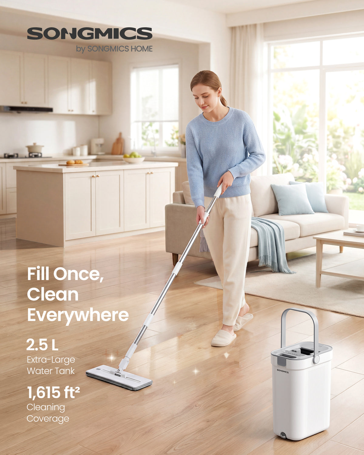 SONGMICS Mop and Bucket Set, Flat Mop with 3-Chamber Clean & Dirty Water Separation System, Wringer Bucket, 360° Rotating Head, 4 Microfiber Pads, White and Gray