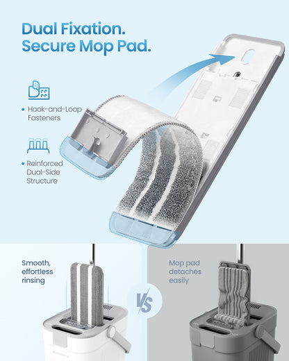 SONGMICS Mop and Bucket Set, Flat Mop with 3-Chamber Clean & Dirty Water Separation System, Wringer Bucket, 360° Rotating Head, 4 Microfiber Pads, White and Gray