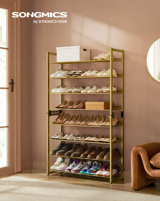 Set of 2 Pale Gold 8 - Tier Metal Shoe Racks. For garage use, with 4 - Tier stackable shelves, adjustable flat/angled. Holds 32 - 40 pairs.