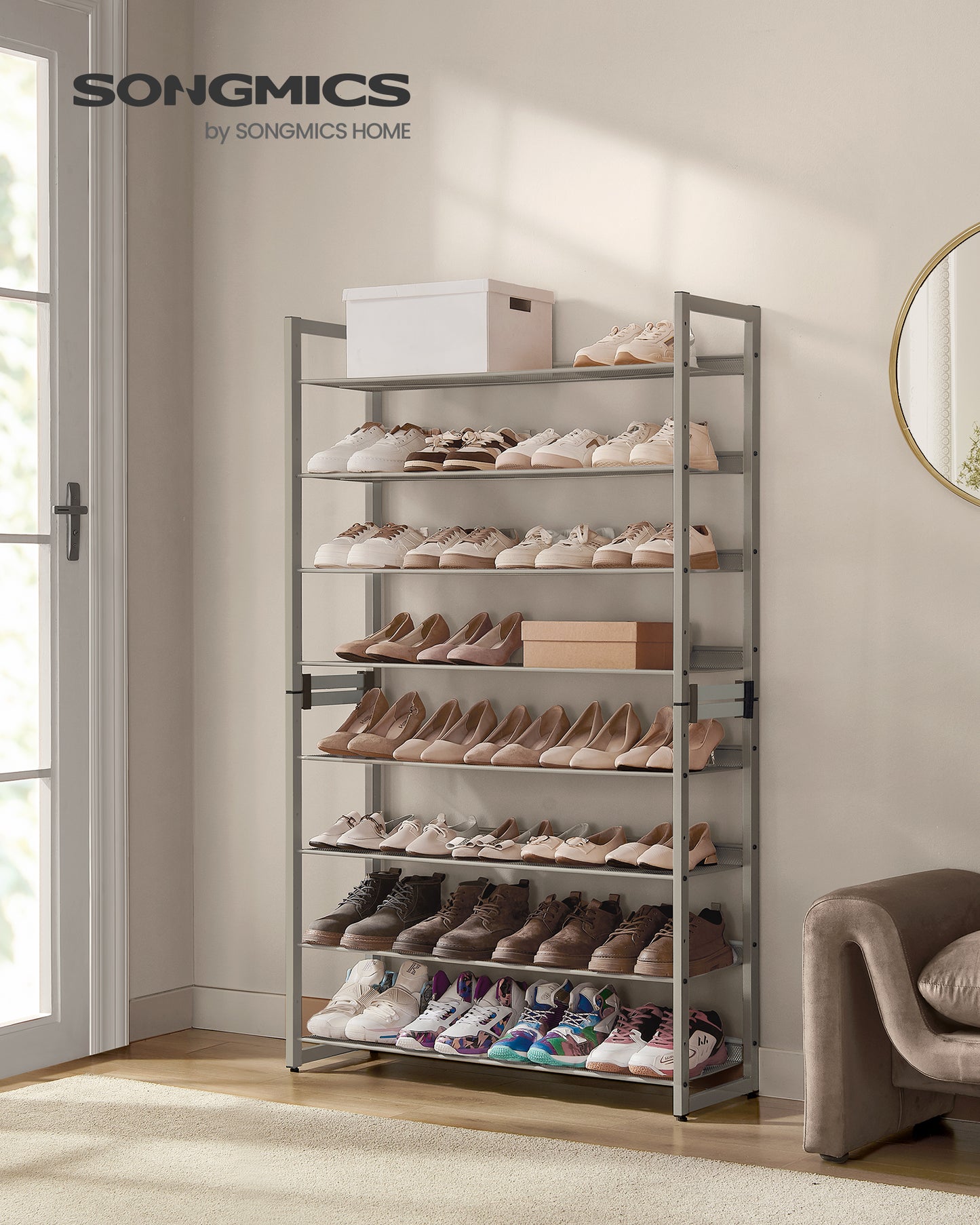 Set of 2 Metal Shoe Racks. 8 - Tier Shoe Organizers with 4 - Tier Stackable Shelves, Adjustable Flat or Angled. Holds 32 - 40 Pairs