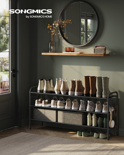 Shoe Rack, 3 Tier Shoe Organizer, Fabric Shoe Shelf Storage with 4 Hooks, Holds up to 18 Pairs of Shoes