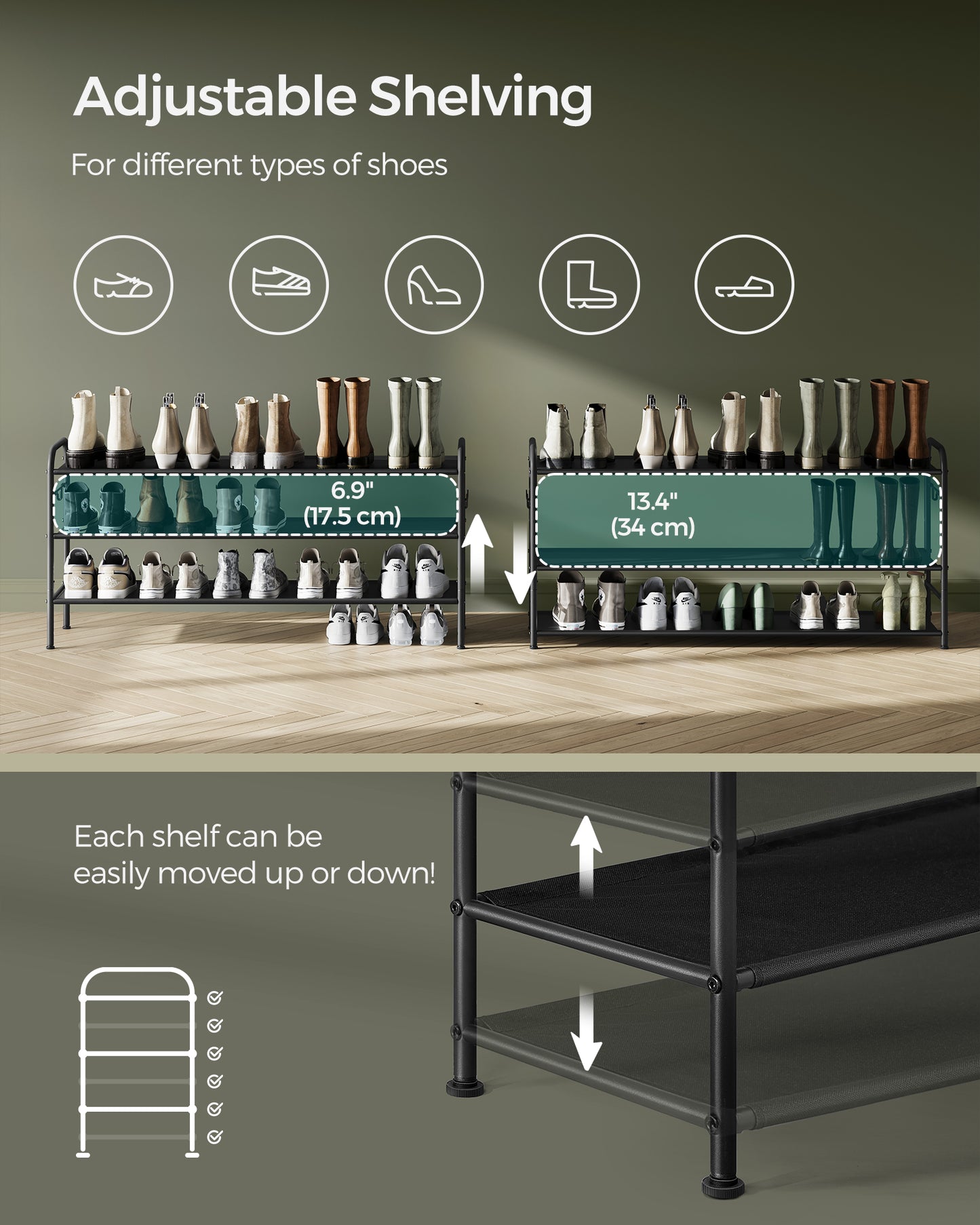 Shoe Rack, 3 Tier Shoe Organizer, Fabric Shoe Shelf Storage with 4 Hooks, Holds up to 18 Pairs of Shoes