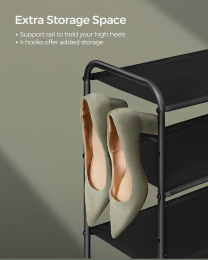 Shoe Rack, 3 Tier Shoe Organizer, Fabric Shoe Shelf Storage with 4 Hooks, Holds up to 18 Pairs of Shoes