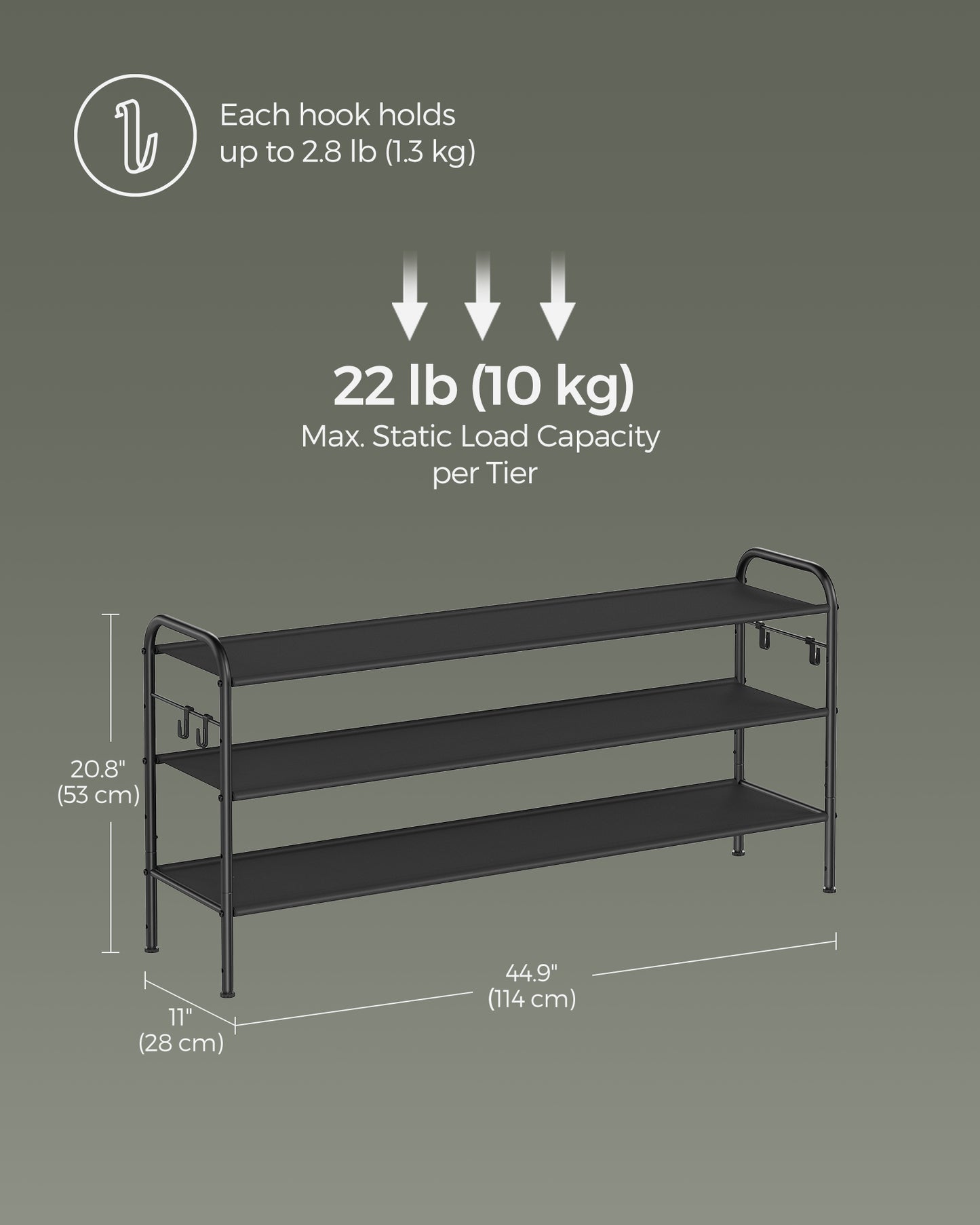 Shoe Rack, 3 Tier Shoe Organizer, Fabric Shoe Shelf Storage with 4 Hooks, Holds up to 18 Pairs of Shoes