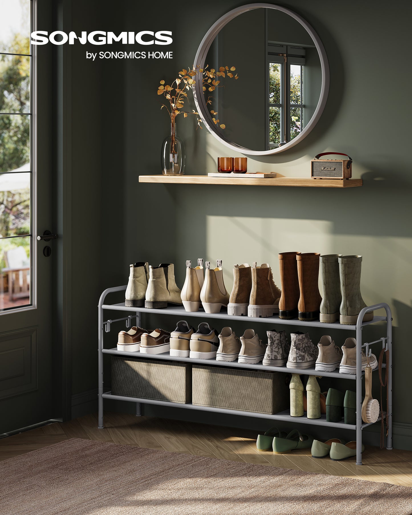 Shoe Rack, 3 Tier Shoe Organizer, Fabric Shoe Shelf Storage with 4 Hooks, Holds up to 18 Pairs of Shoes, Height-Adjustable Shoe Rack for Entryway