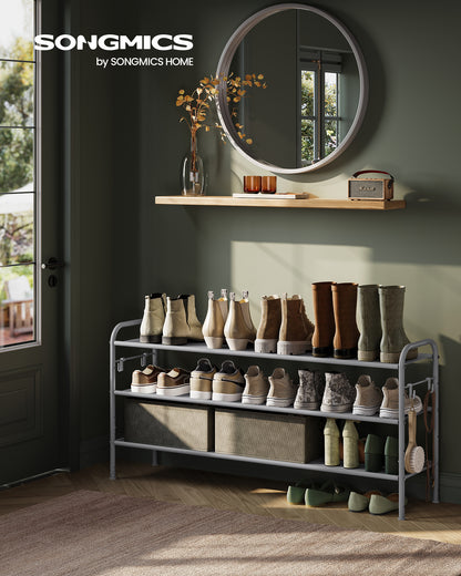Shoe Rack, 3 Tier Shoe Organizer, Fabric Shoe Shelf Storage with 4 Hooks, Holds up to 18 Pairs of Shoes, Height-Adjustable Shoe Rack for Entryway