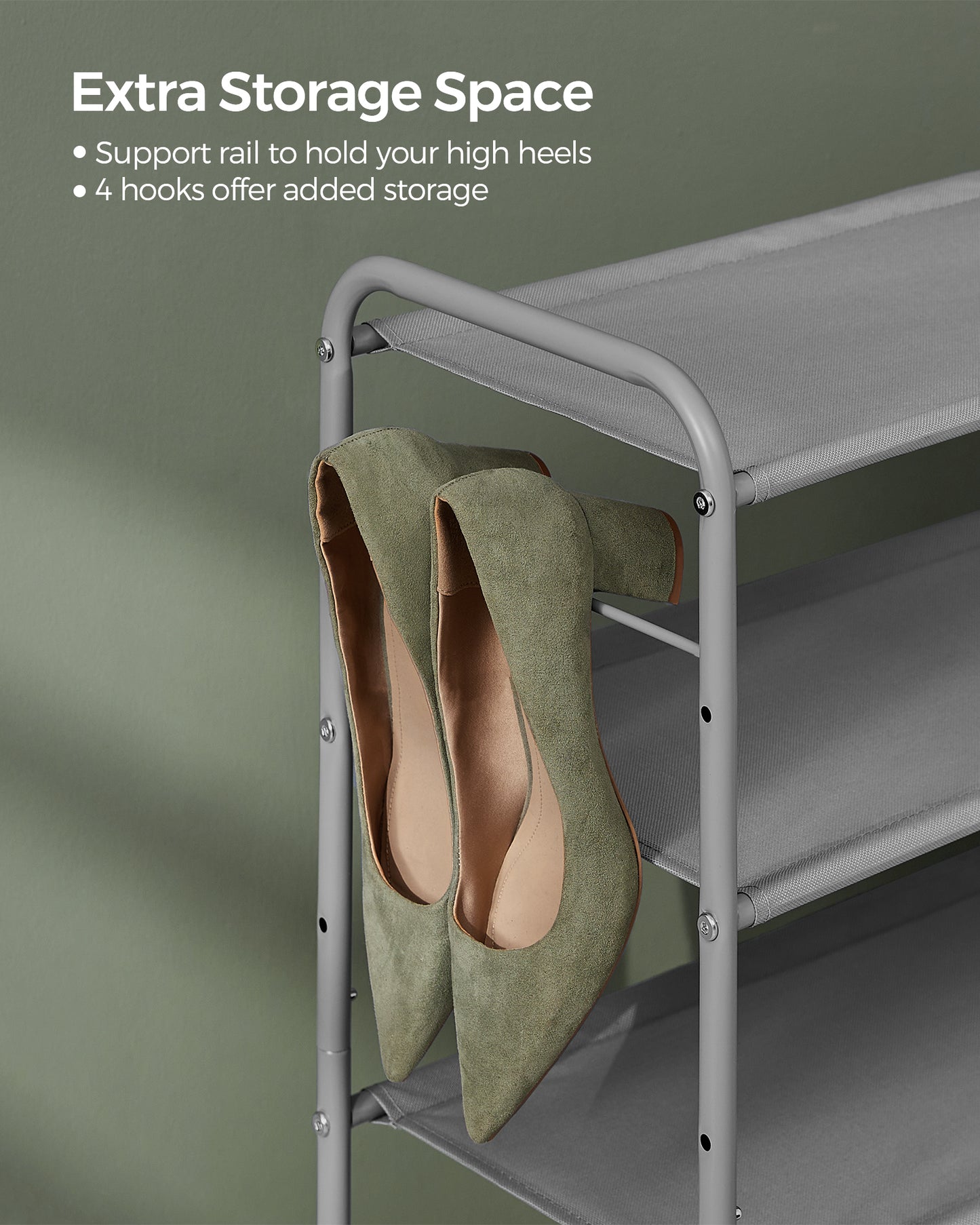 Shoe Rack, 3 Tier Shoe Organizer, Fabric Shoe Shelf Storage with 4 Hooks, Holds up to 18 Pairs of Shoes, Height-Adjustable Shoe Rack for Entryway
