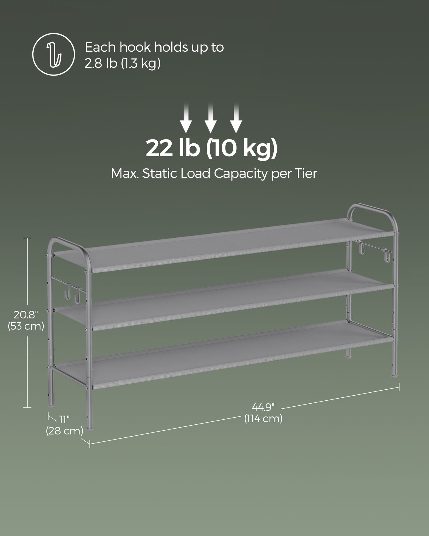 Shoe Rack, 3 Tier Shoe Organizer, Fabric Shoe Shelf Storage with 4 Hooks, Holds up to 18 Pairs of Shoes, Height-Adjustable Shoe Rack for Entryway
