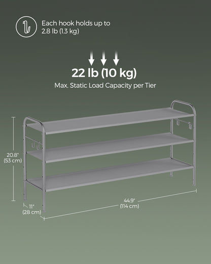 Shoe Rack, 3 Tier Shoe Organizer, Fabric Shoe Shelf Storage with 4 Hooks, Holds up to 18 Pairs of Shoes, Height-Adjustable Shoe Rack for Entryway