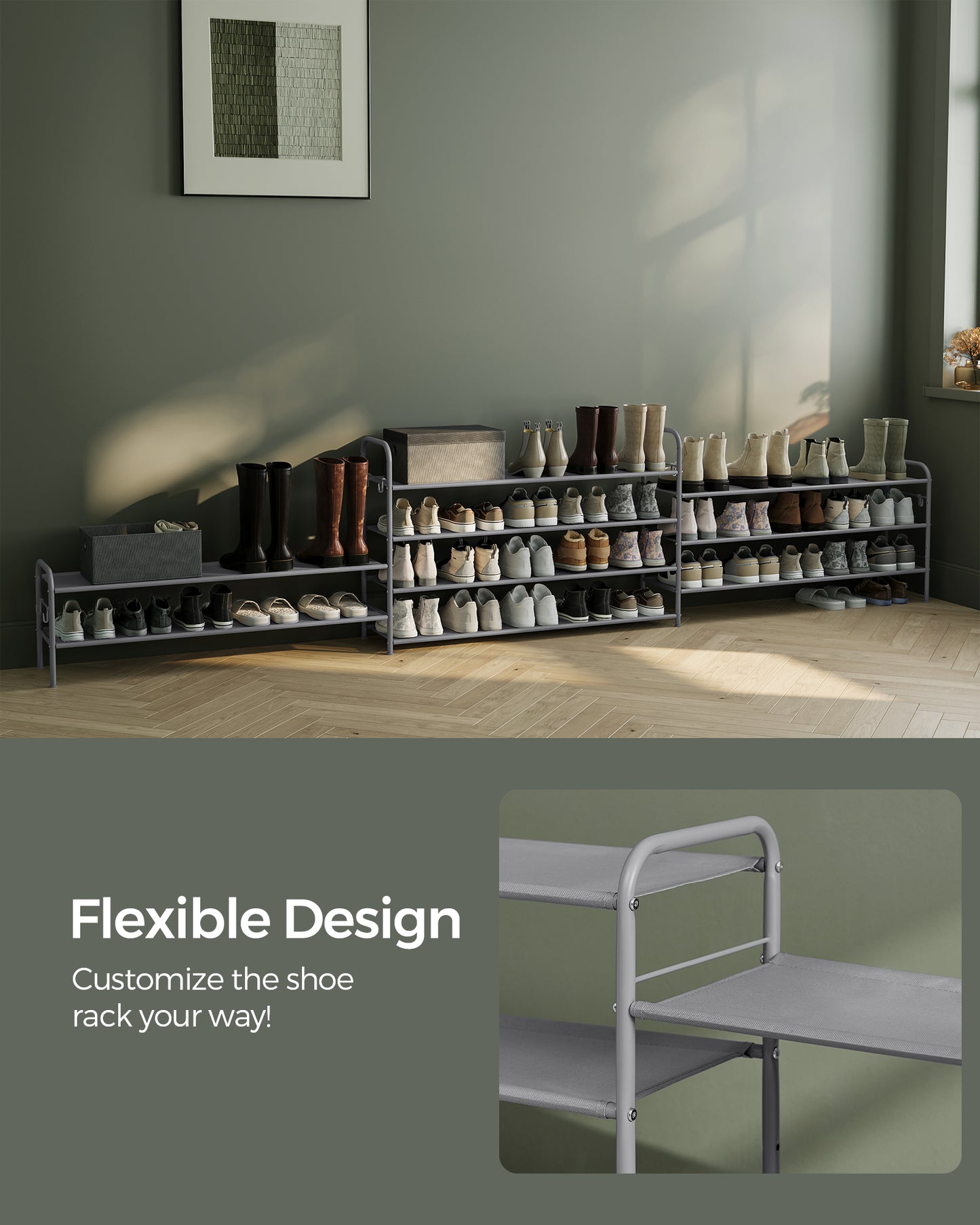 Shoe Rack, 3 Tier Shoe Organizer, Fabric Shoe Shelf Storage with 4 Hooks, Holds up to 18 Pairs of Shoes, Height-Adjustable Shoe Rack for Entryway