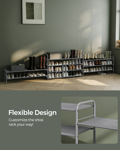 Shoe Rack, 3 Tier Shoe Organizer, Fabric Shoe Shelf Storage with 4 Hooks, Holds up to 18 Pairs of Shoes, Height-Adjustable Shoe Rack for Entryway