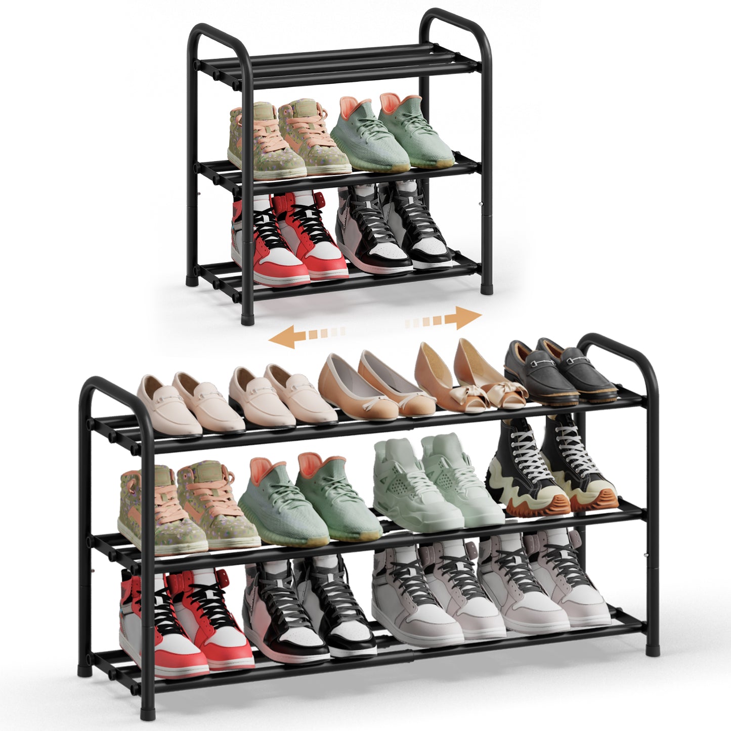 SONGMICS Expandable Shoe Rack, Adjustable Shoe Organizer Storage Shelf, Sturdy and Heavy-Duty, for Closet, Entryway, Living Room, 3-Tier, Ink Black