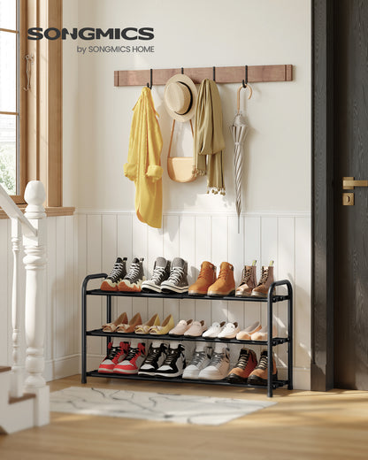 SONGMICS Expandable Shoe Rack, Adjustable Shoe Organizer Storage Shelf, Sturdy and Heavy-Duty, for Closet, Entryway, Living Room, 3-Tier, Ink Black