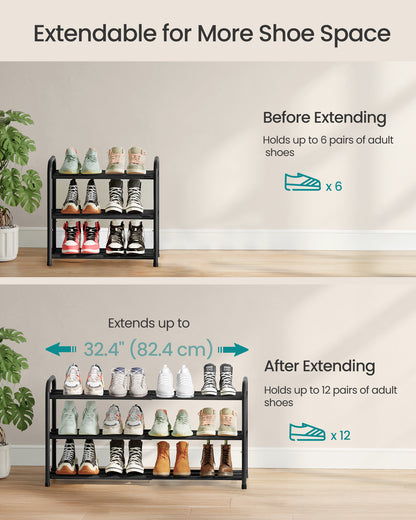 SONGMICS Expandable Shoe Rack, Adjustable Shoe Organizer Storage Shelf, Sturdy and Heavy-Duty, for Closet, Entryway, Living Room, 3-Tier, Ink Black