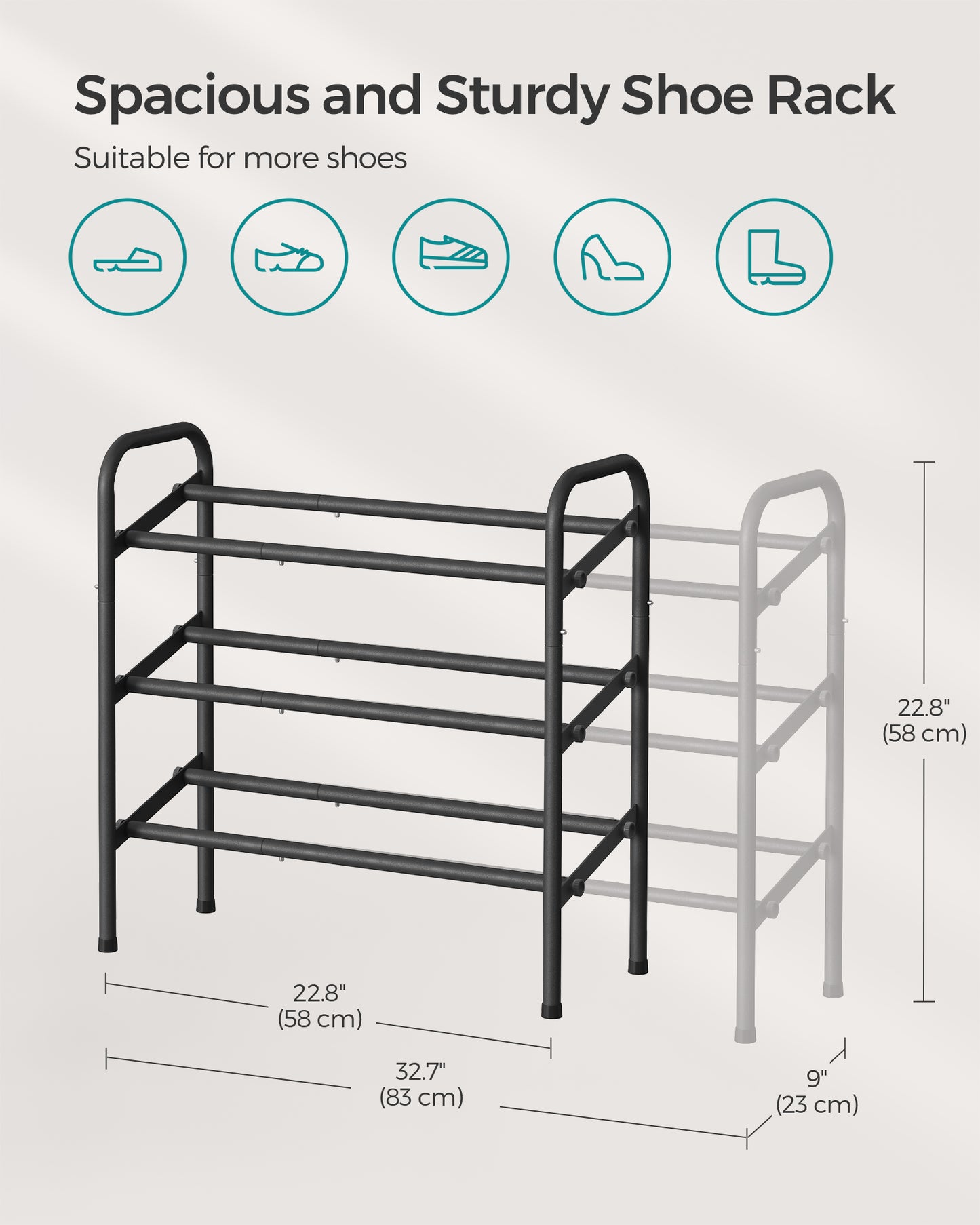 SONGMICS 3-Tier Metal Shoe Shelf Storage Expandable Shoe Rack Free Standing Shoe Racks for Entryway, Closet, Doorway, Easy Assembly Ink Black