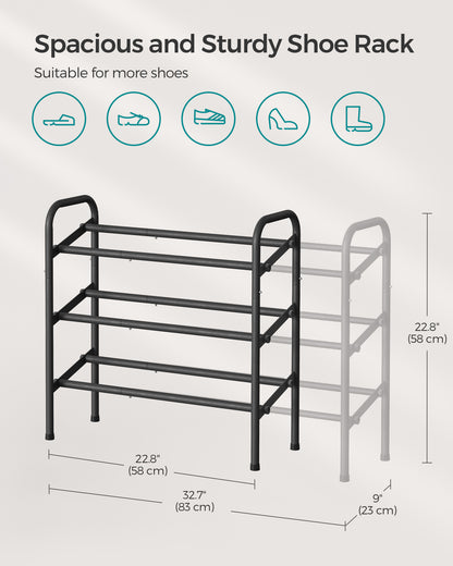 SONGMICS 3-Tier Metal Shoe Shelf Storage Expandable Shoe Rack Free Standing Shoe Racks for Entryway, Closet, Doorway, Easy Assembly Ink Black