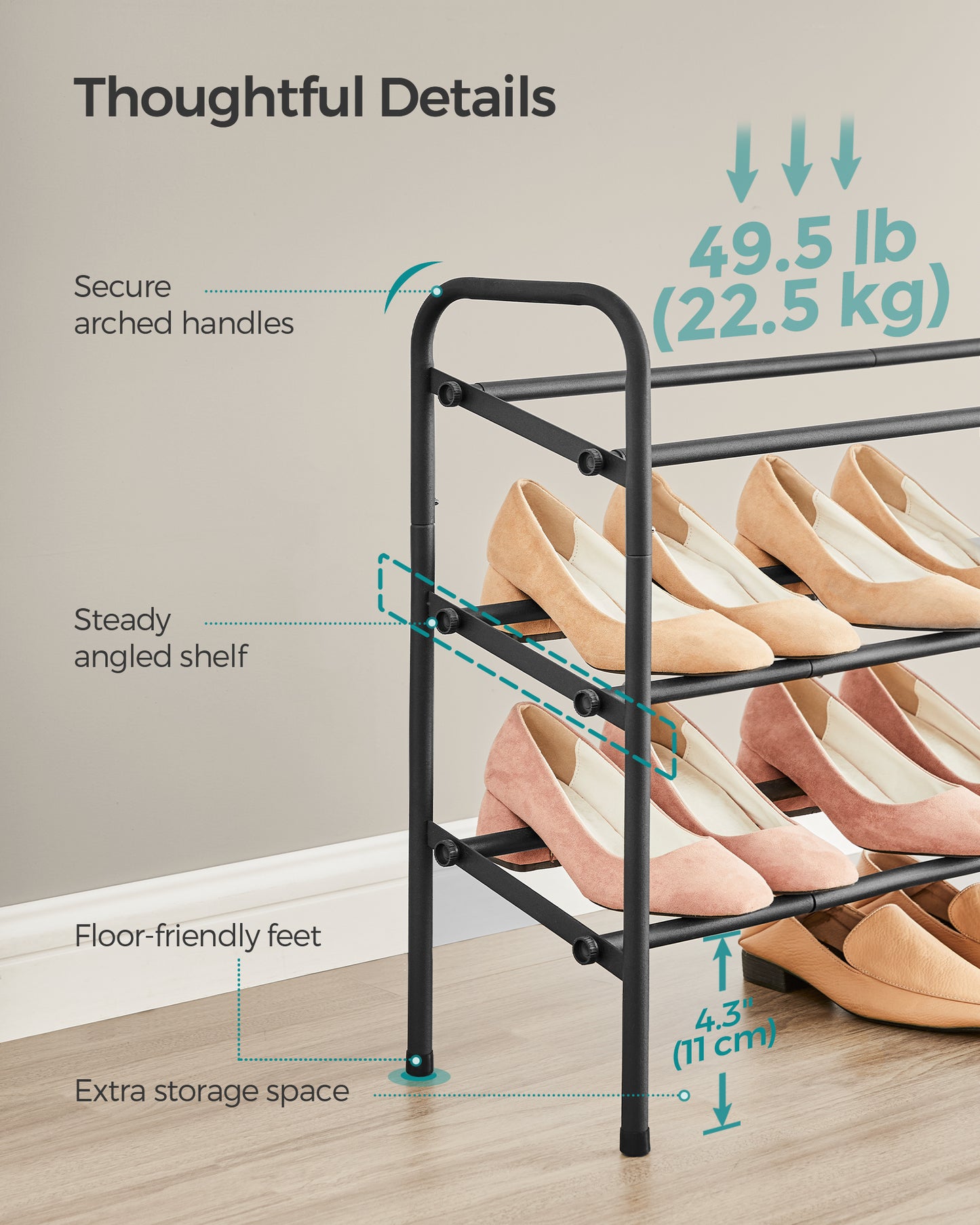 SONGMICS 3-Tier Metal Shoe Shelf Storage Expandable Shoe Rack Free Standing Shoe Racks for Entryway, Closet, Doorway, Easy Assembly Ink Black