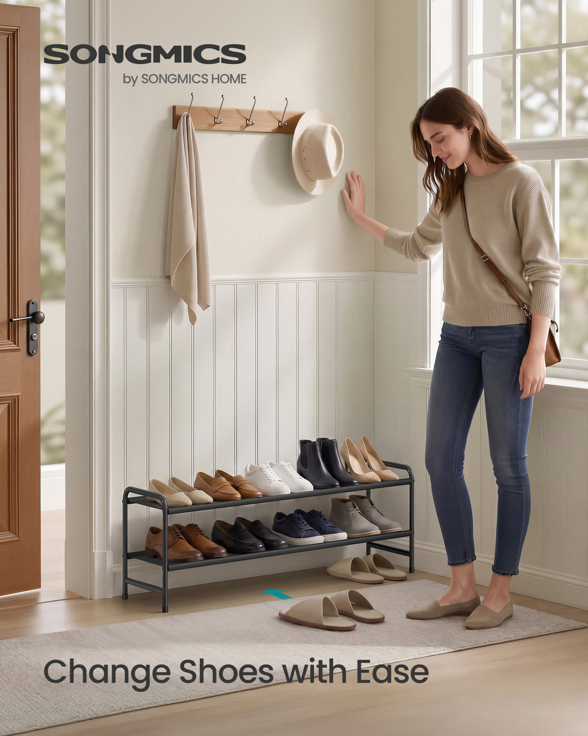 SONGMICS Long Shoe Rack Organizer for Closet, Free Standing Shoe Storage Shelf, Holds 12-15 Pairs, for Entryway, Bedroom, Easy to Assemble, 11.4 x 42.5 x 13.7 Inches, 2 Tiers, Ink Black