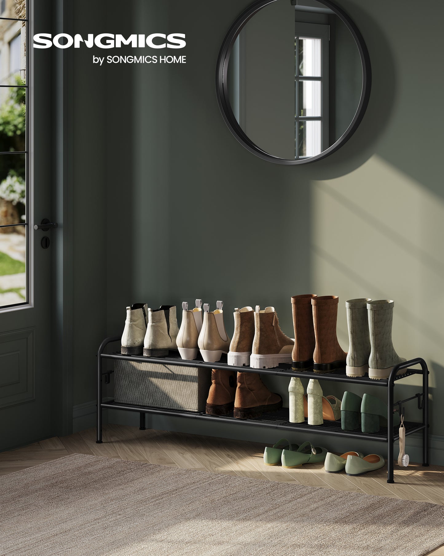 2-Tier Adjustable Shoe Rack with Side Hooks - Holds 12 Pairs, Height-Adjustable Shoe Organizer, Ink Black