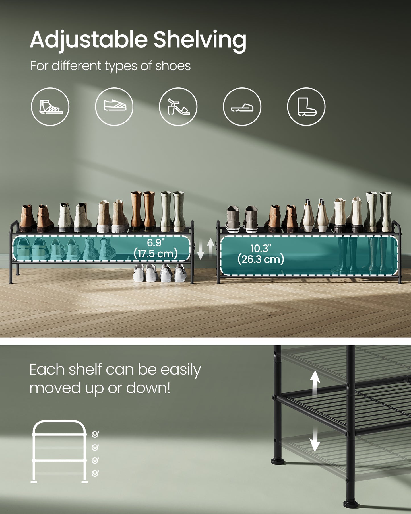 Shoe Rack, 2-Tier Shoe Organizer, Metal Shoe Shelf Storage with 4 Side Hooks, Holds 12 Pairs of Shoes