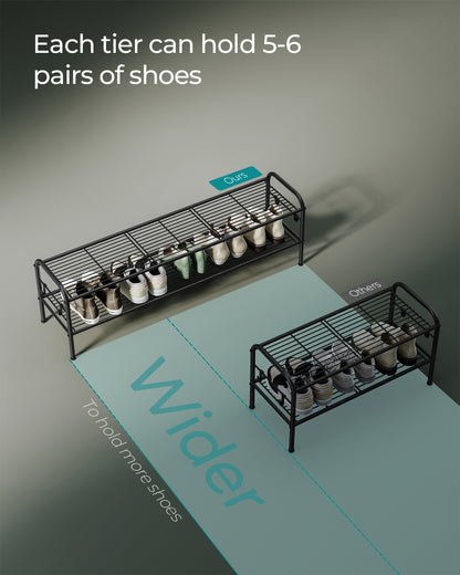 Shoe Rack, 2-Tier Shoe Organizer, Metal Shoe Shelf Storage with 4 Side Hooks, Holds 12 Pairs of Shoes