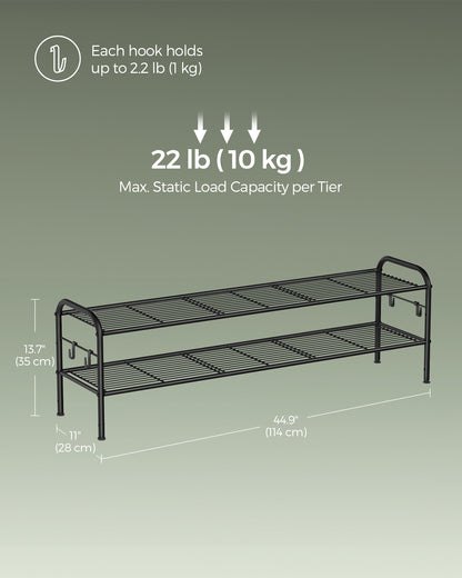 Shoe Rack, 2-Tier Shoe Organizer, Metal Shoe Shelf Storage with 4 Side Hooks, Holds 12 Pairs of Shoes