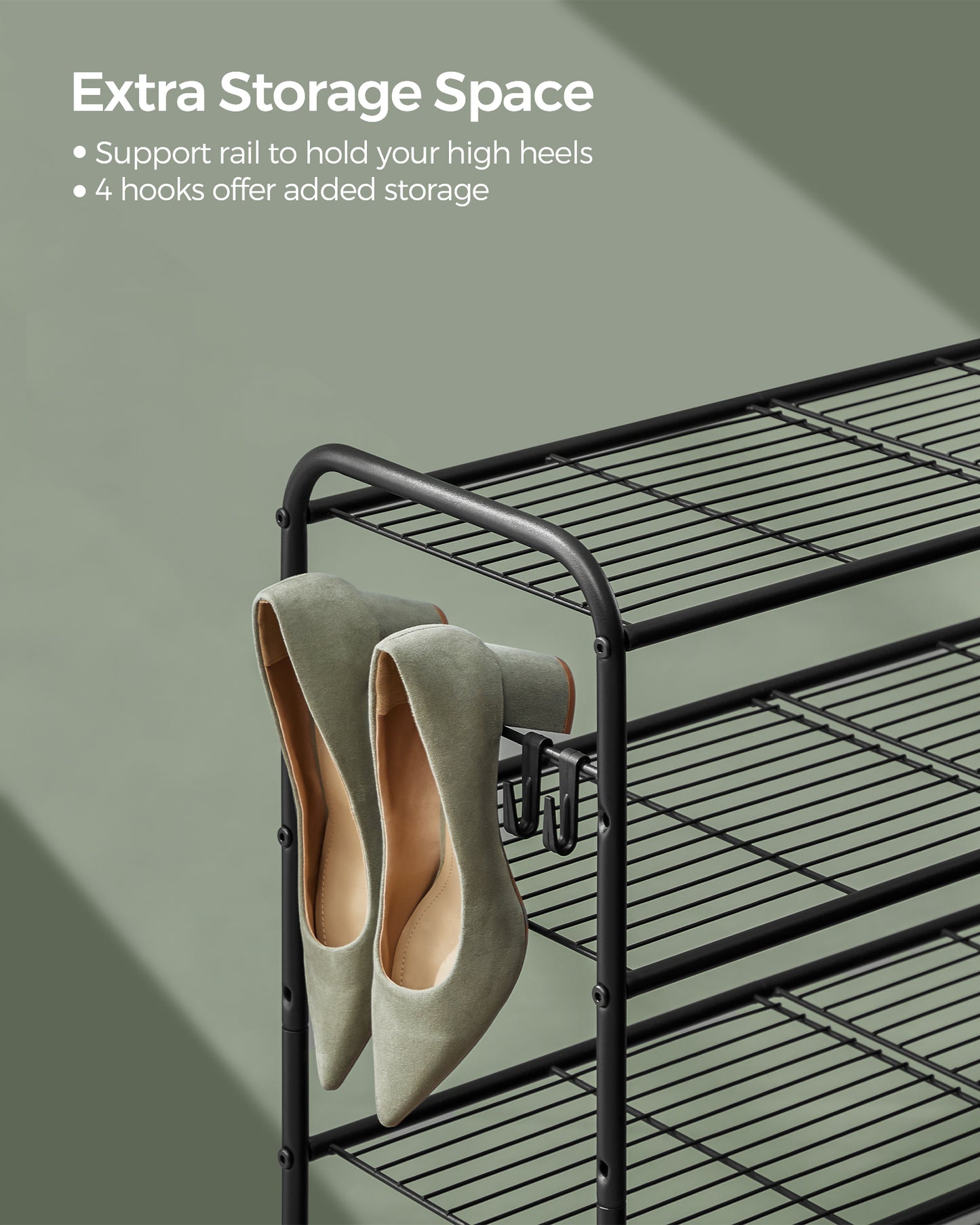 Shoe Rack, 2-Tier Shoe Organizer, Metal Shoe Shelf Storage with 4 Side Hooks, Holds 12 Pairs of Shoes