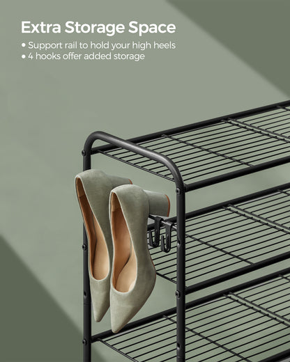 Shoe Rack, 2-Tier Shoe Organizer, Metal Shoe Shelf Storage with 4 Side Hooks, Holds 12 Pairs of Shoes
