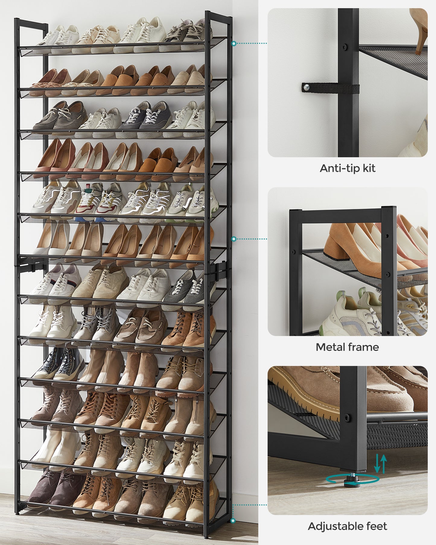 Shoe Rack, 12-Tier Shoe Organizer, Metal Shoe Storage for Garage, Entryway, Set of 2 6-Tier Stackable Shoe Shelf,Holds 48-60 Pairs