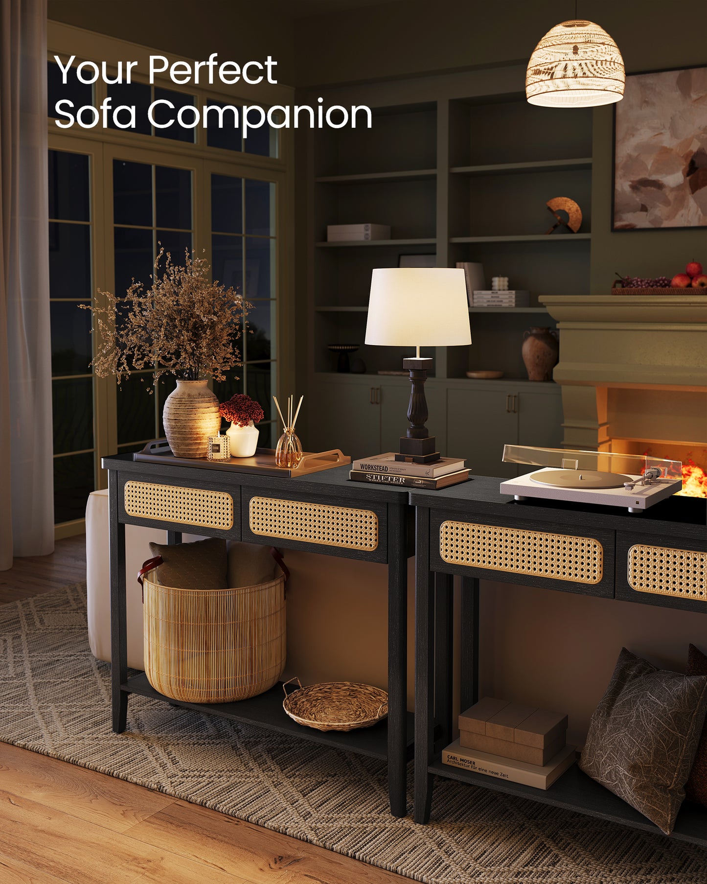 Console Table, Sofa Table, Narrow Entryway Table with 2 Drawers, Open Storage Shelf, Rounded Corners, for Living Room, Boho Style, Ash Black