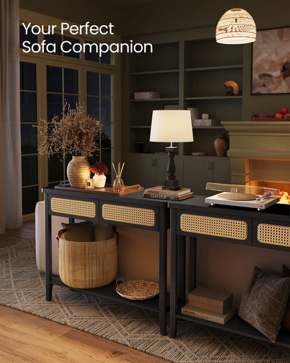 Console Table, Sofa Table, Narrow Entryway Table with 2 Drawers, Open Storage Shelf, Rounded Corners, for Living Room, Boho Style, Ash Black
