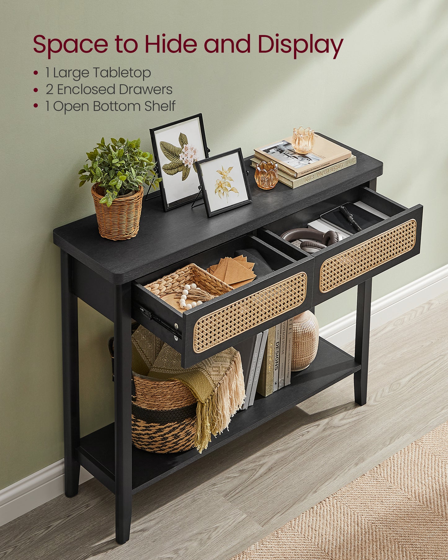 Console Table, Sofa Table, Narrow Entryway Table with 2 Drawers, Open Storage Shelf, Rounded Corners, for Living Room, Boho Style, Ash Black