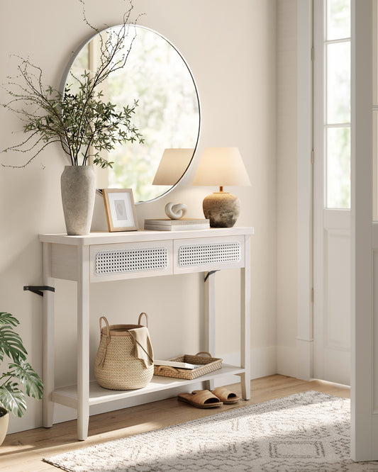 Console Table, Sofa Table, Narrow Entryway Table with 2 Drawers, Open Storage Shelf, Rounded Corners, for Living Room, Boho Style, Oatmeal Beige