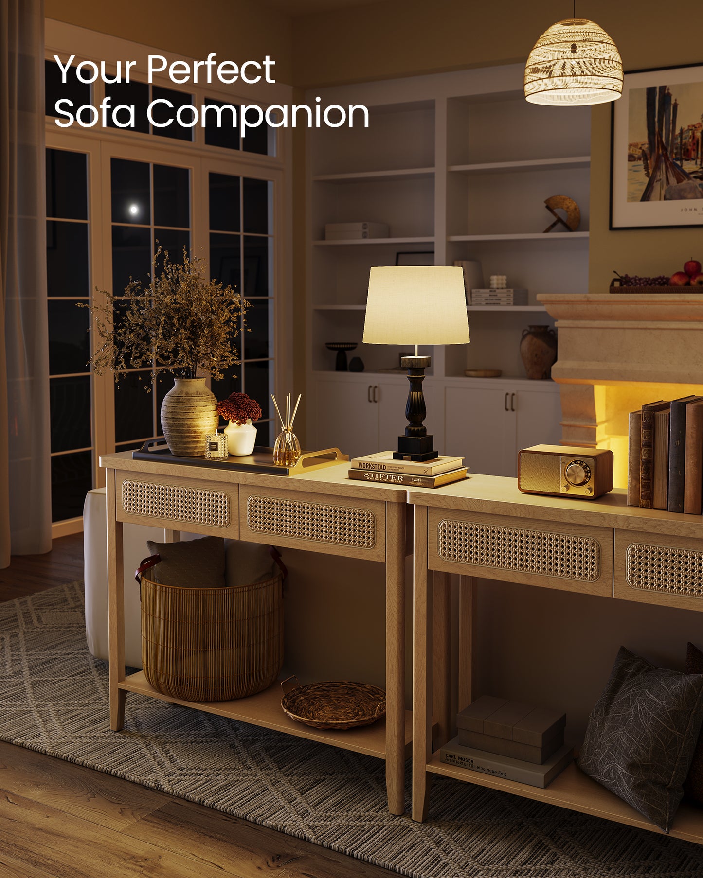 Console Table, Sofa Table, Narrow Entryway Table with 2 Drawers, Open Storage Shelf, Rounded Corners, for Living Room, Boho Style, Oak Beige