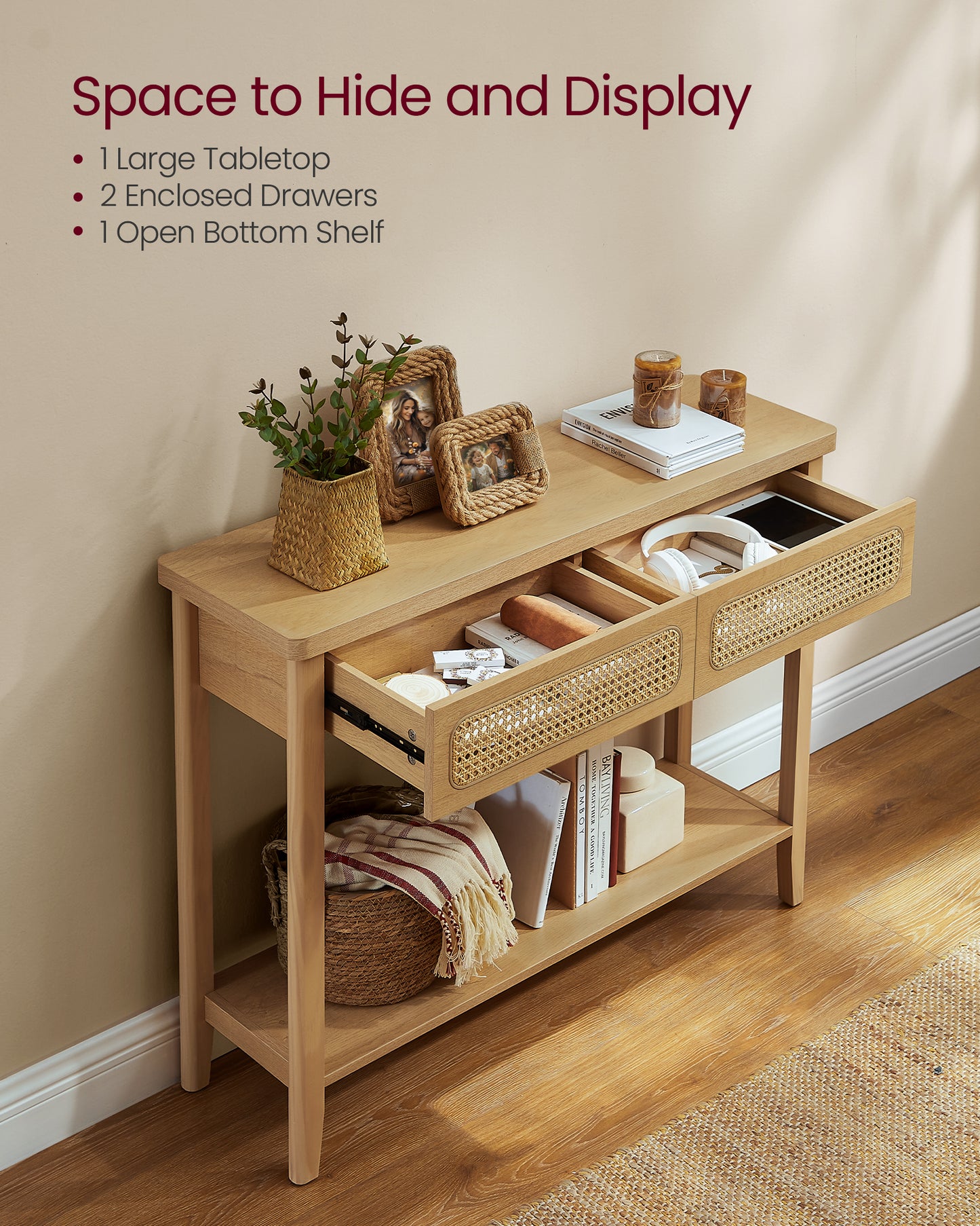 Console Table, Sofa Table, Narrow Entryway Table with 2 Drawers, Open Storage Shelf, Rounded Corners, for Living Room, Boho Style, Oak Beige
