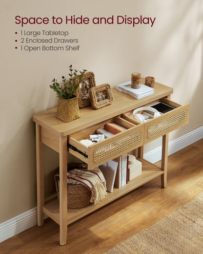 Console Table, Sofa Table, Narrow Entryway Table with 2 Drawers, Open Storage Shelf, Rounded Corners, for Living Room, Boho Style, Oak Beige