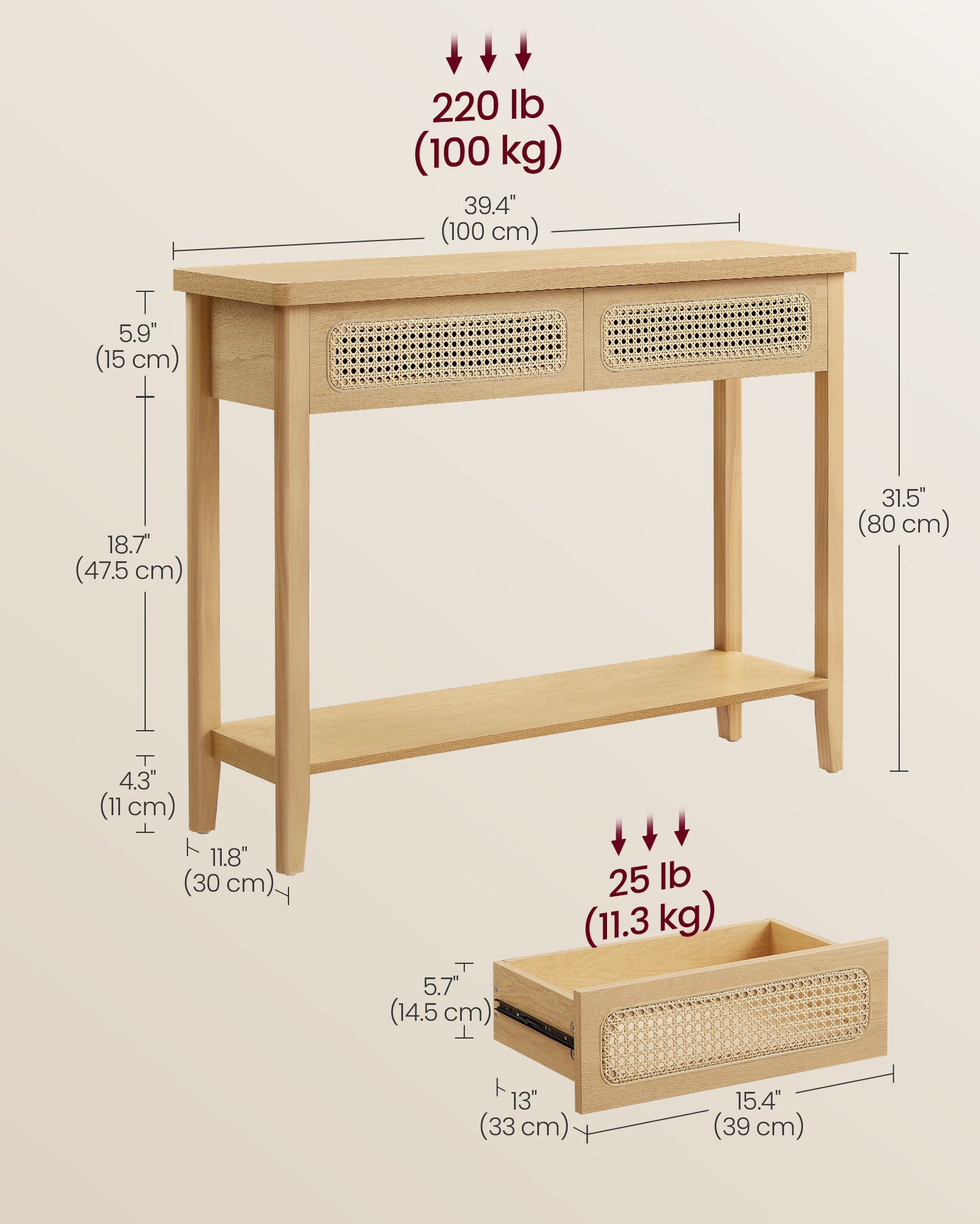 Console Table, Sofa Table, Narrow Entryway Table with 2 Drawers, Open Storage Shelf, Rounded Corners, for Living Room, Boho Style, Oak Beige