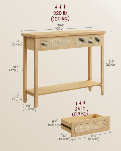 Console Table, Sofa Table, Narrow Entryway Table with 2 Drawers, Open Storage Shelf, Rounded Corners, for Living Room, Boho Style, Oak Beige