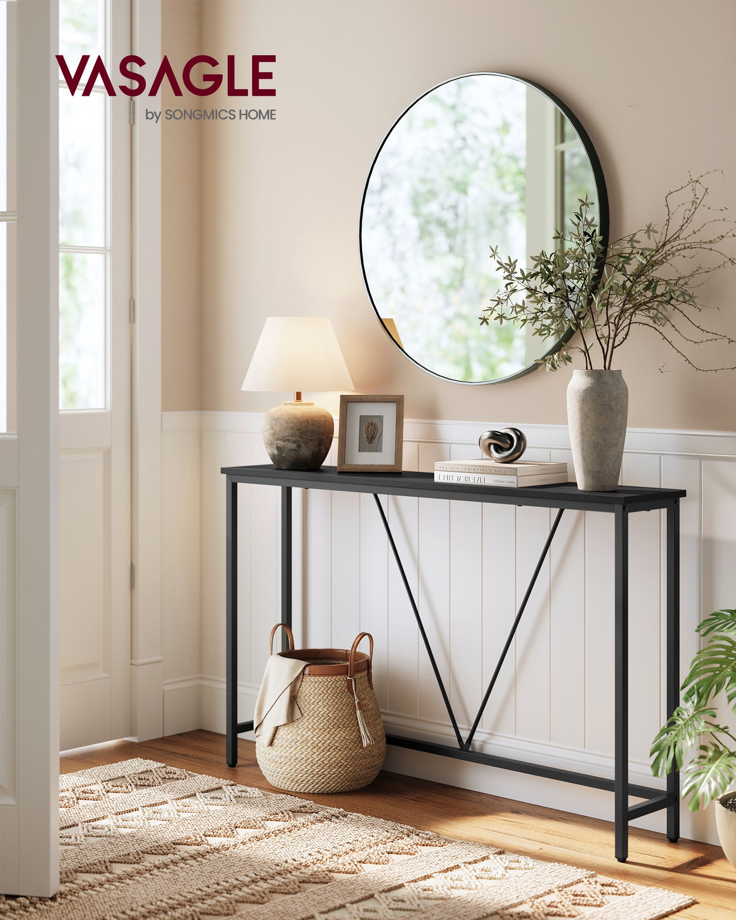 Narrow Console Table with Steel Frame, 47.2" Sofa Table for Entryway, Living Room, Bedroom, Industrial Design, Charcoal Gray and Ink Black